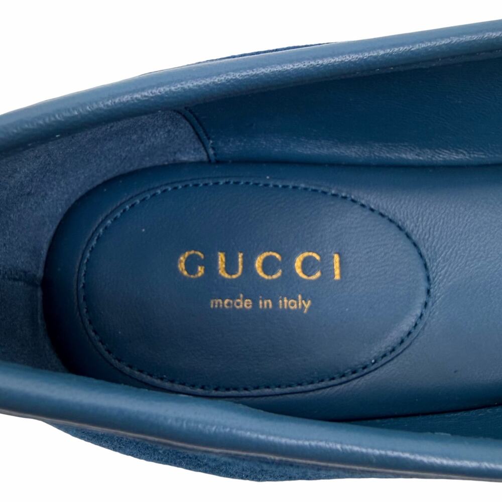 Gucci Kid Scamosciato Horsebit Mary Jane Flats Deep Acqua Size 38 - Picture 12 of 15
